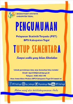 Pelayanan Statistik Terpadu (PST) BPS Kabupaten Tegal Sementara Ditutup